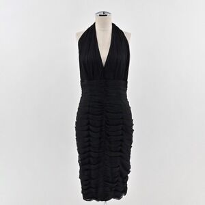 Vtg Y2k Tadashi Bodycon Cocktail Halter Dress‎ Size 10 Black Silk Ruched LBD 90s